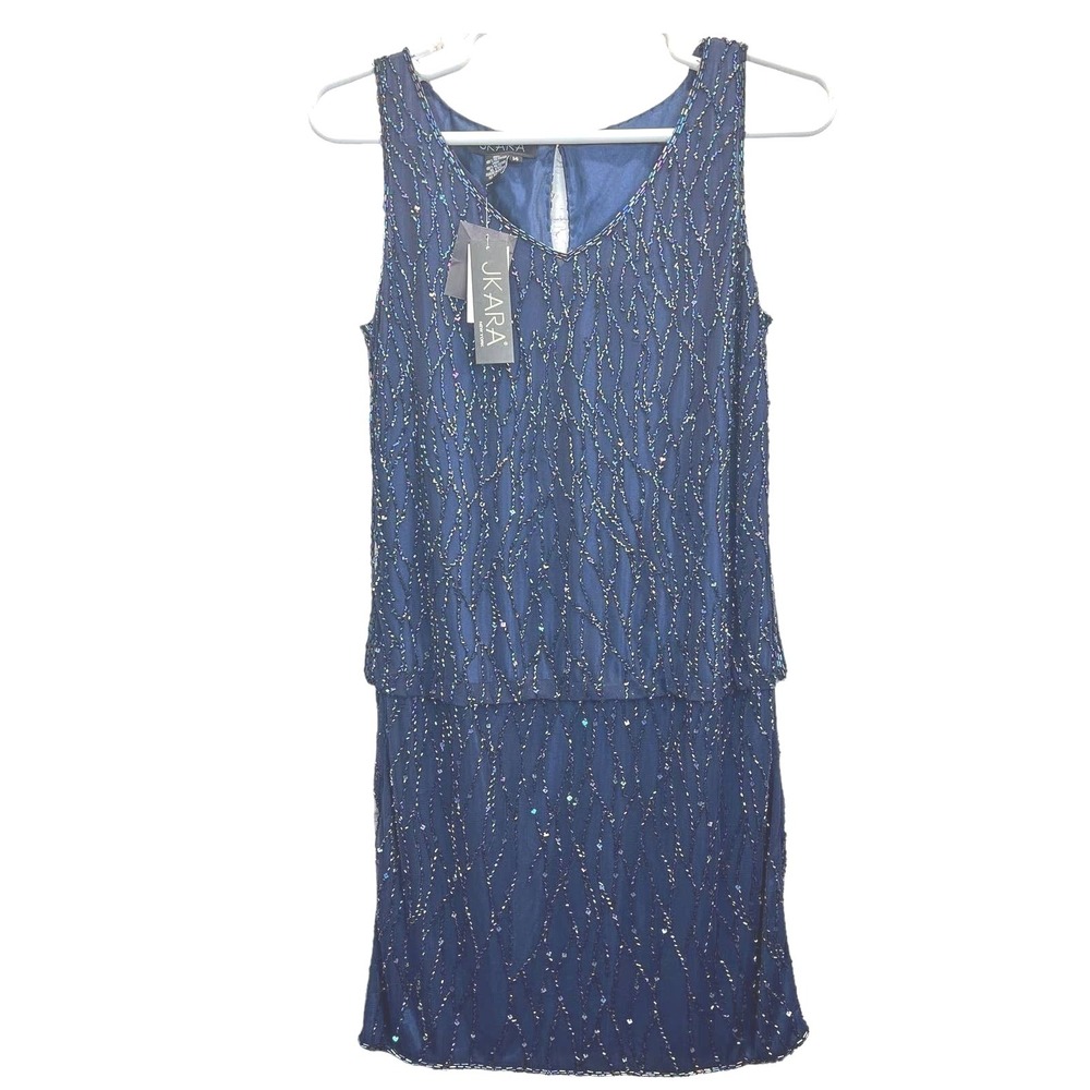 J Kara Beaded Sleeveless Popover Sheath Dress Iridescent Sequin Navy Size 14